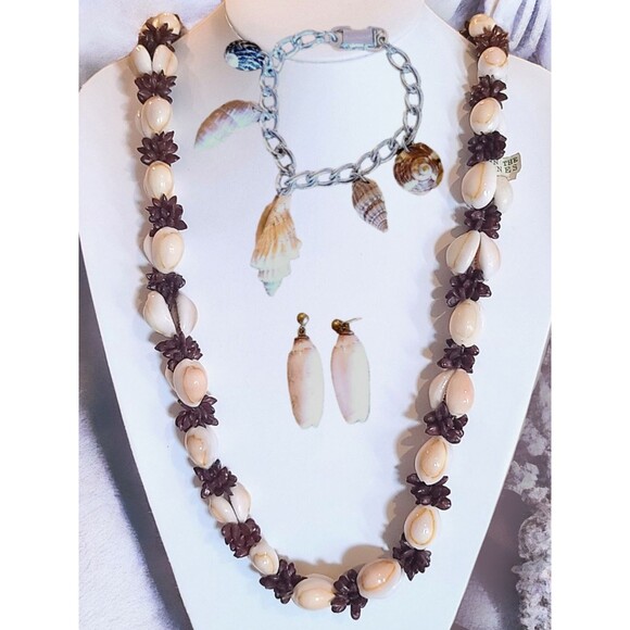 Set of 3 Shell Beaded Necklace Bracelet Earrings Beach Boho 32" - Picture 1 of 3